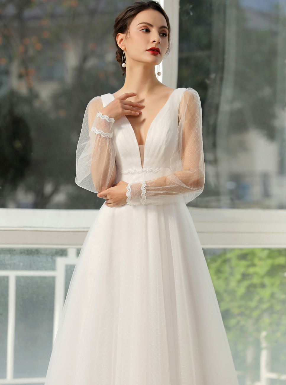 Bishop Long Sleeve Ruched Illusion V-Neckline Bridal Gown