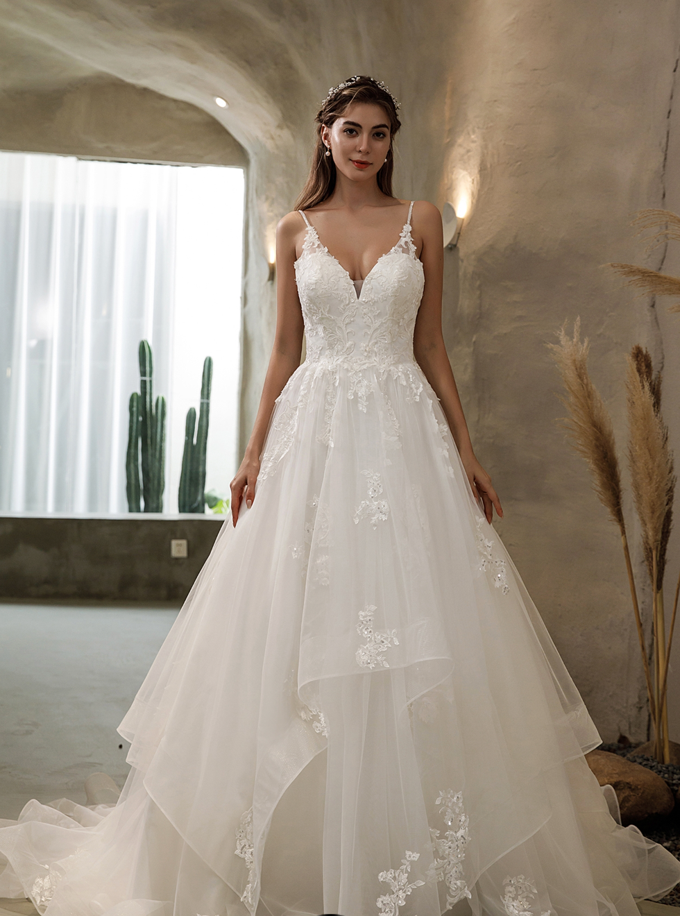 Ethereal Floral Lace Wedding Dress with Tiered Tulle Skirt