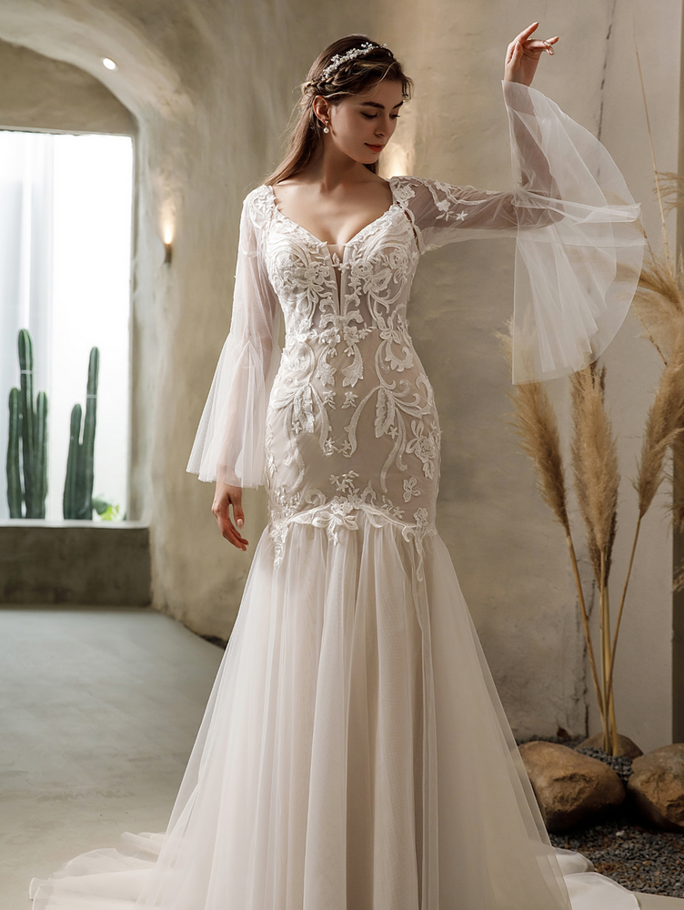 
                      
                        Elegant Mermaid Gown With Detachable Bell Sleeves
                      
                    