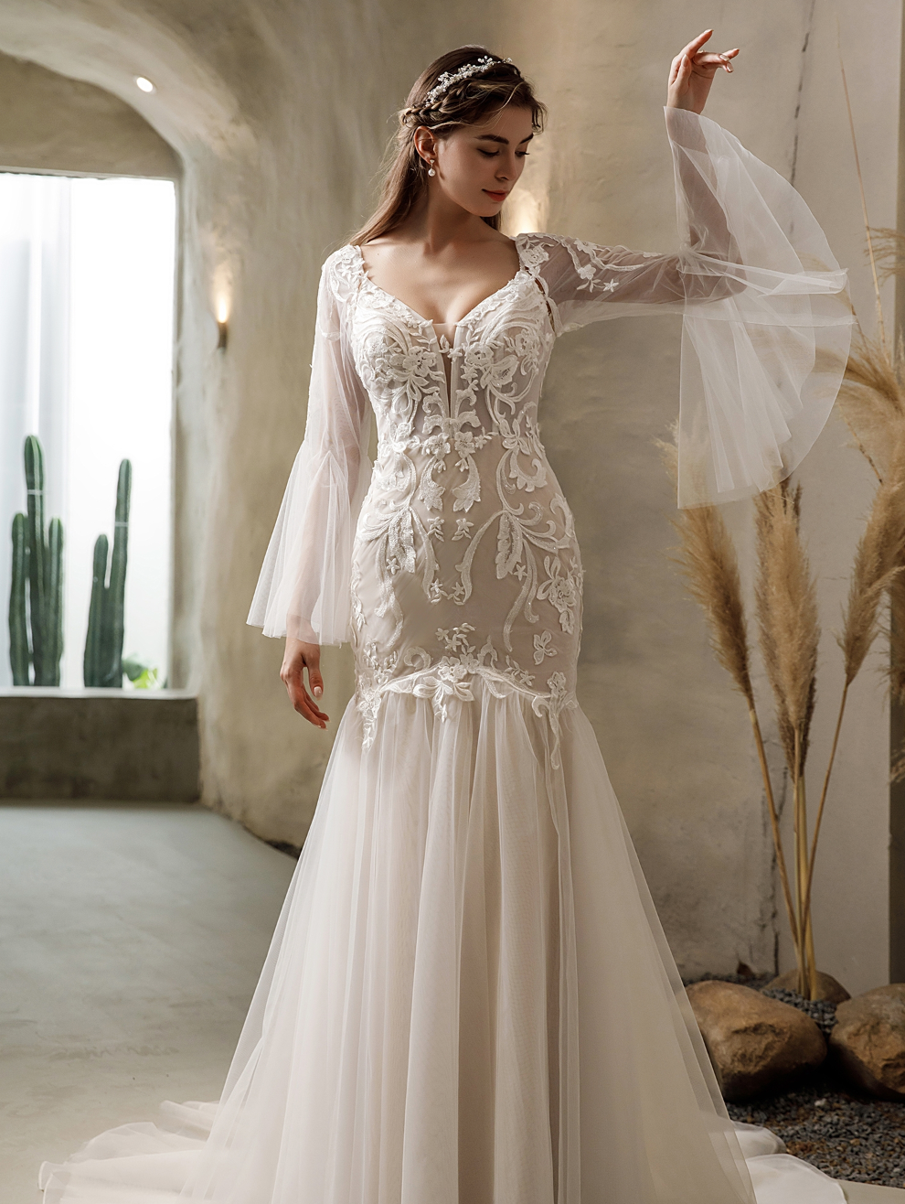 Elegant Mermaid Gown With Detachable Bell Sleeves