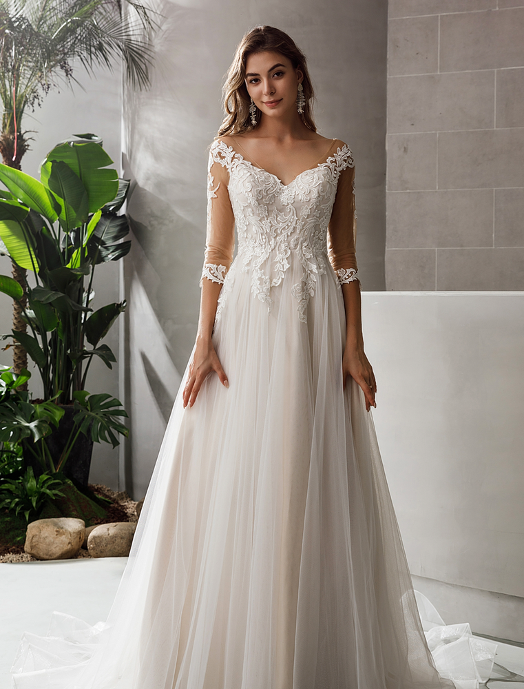 
                      
                        Gorgeous Lace A-line Bridal Gown With 3/4 sleeves
                      
                    