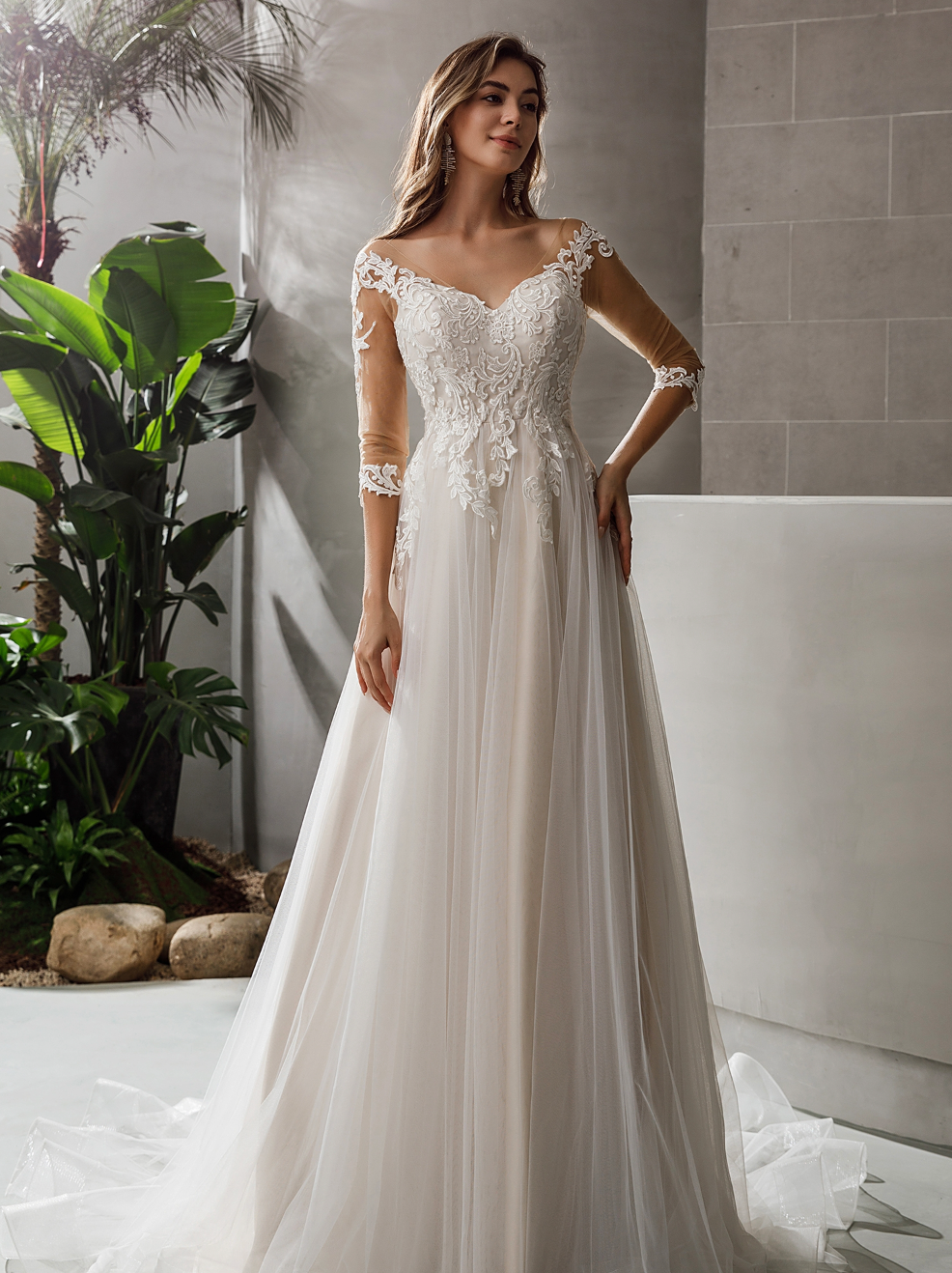 Gorgeous Lace A-line Bridal Gown With 3/4 sleeves