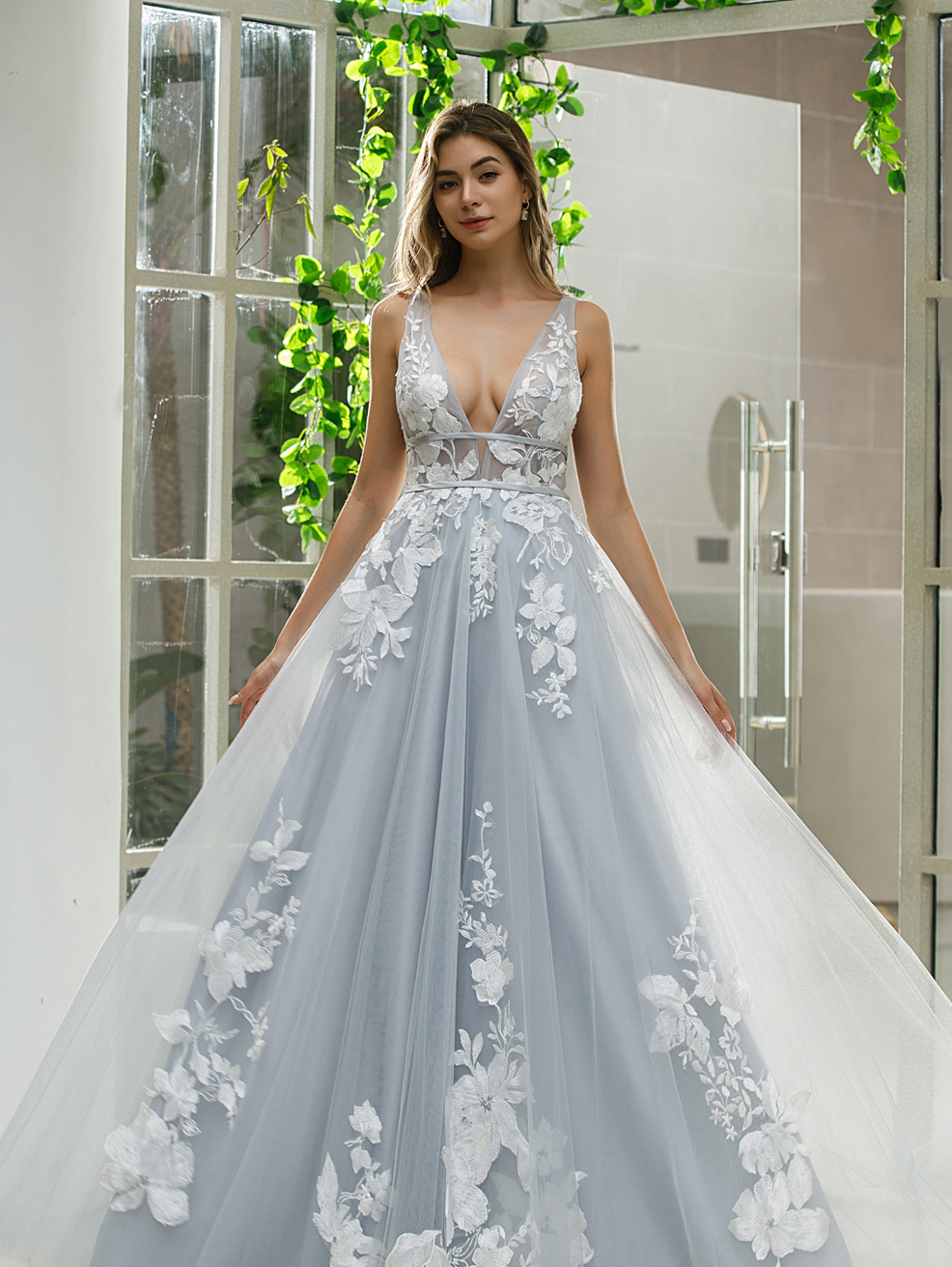 Plunging V-Neck Wedding Dress With Floral Motifs