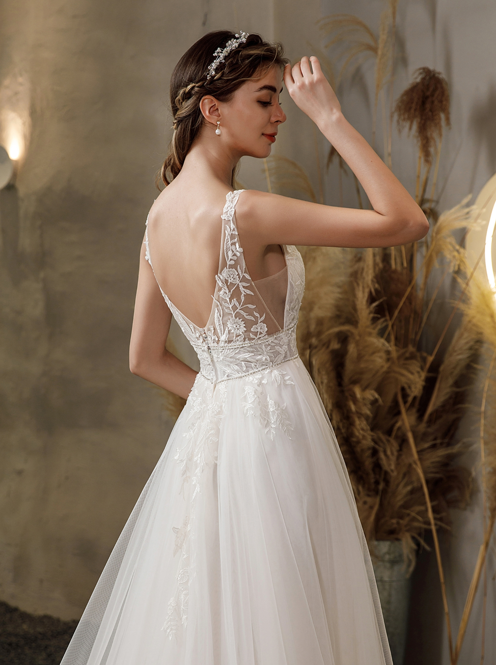 V-Neck Tulle Bridal Gown with Double Banded Waist