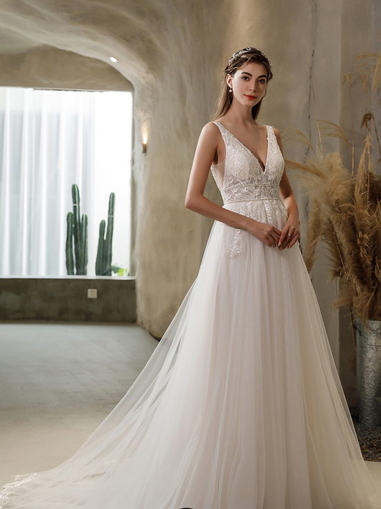V-Neck Tulle Bridal Gown with Double Banded Waist