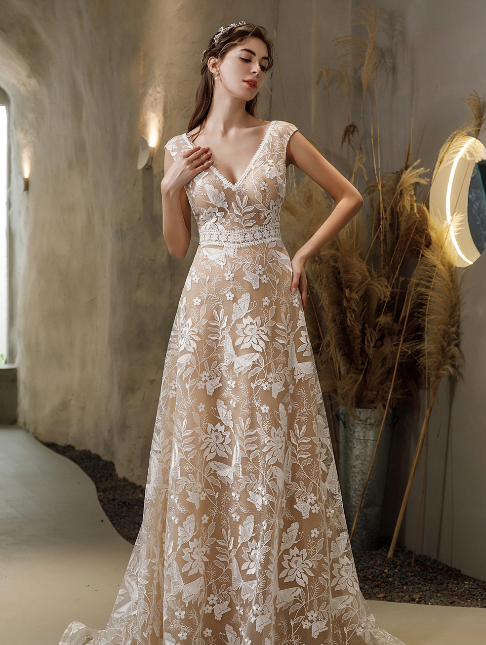 Luxurious Boho Illusion Lace Cap Sleeve Wedding Dress