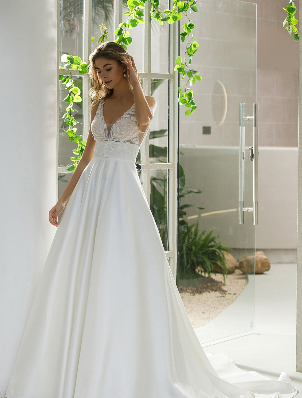 Illusion Bodice Satin A-line Bridal Gown With Pockets