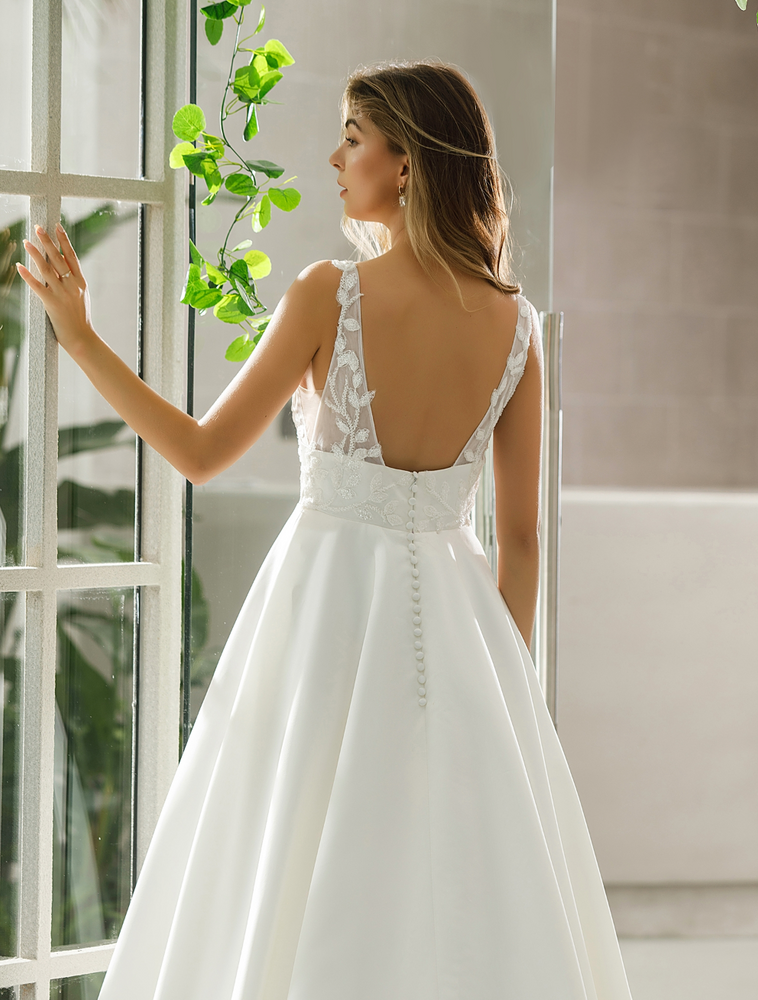 
                      
                        Illusion Bodice Satin A-line Bridal Gown With Pockets
                      
                    