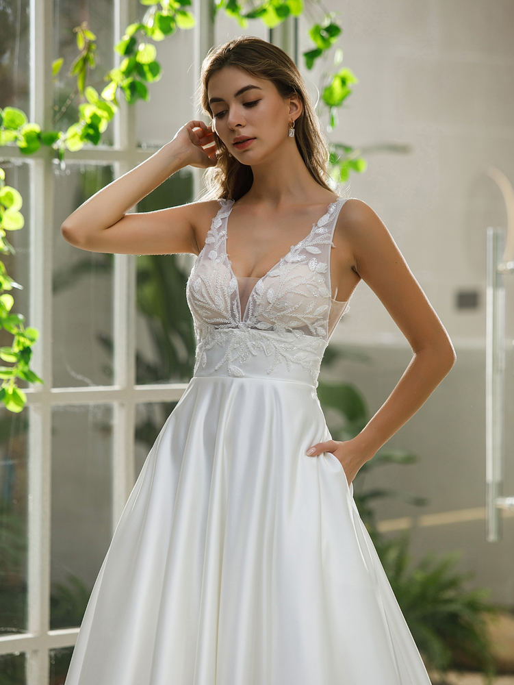 
                      
                        Illusion Bodice Satin A-line Bridal Gown With Pockets
                      
                    