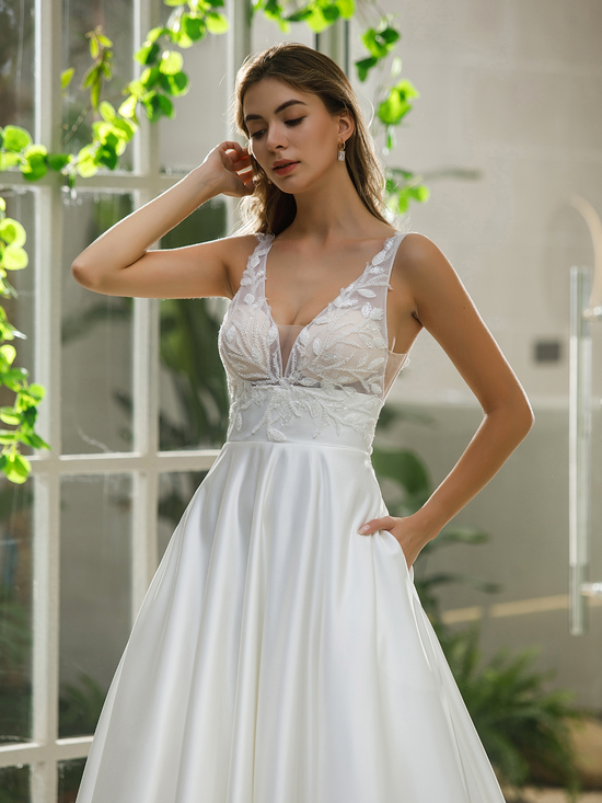 Load image into Gallery viewer, Illusion Bodice Satin A-line Bridal Gown With Pockets
