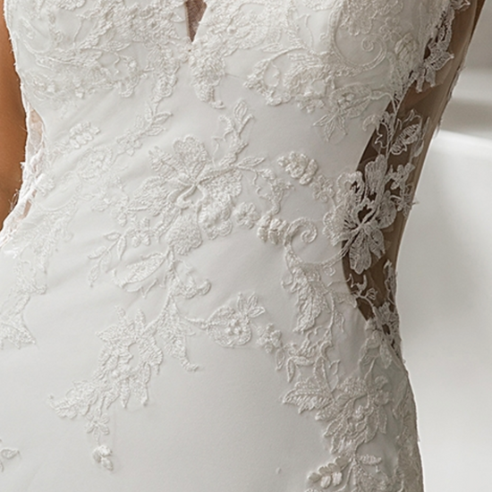 Load image into Gallery viewer, Crepe Fit and Flare Crepe Silhouette Wedding Dress With Lace Straps
