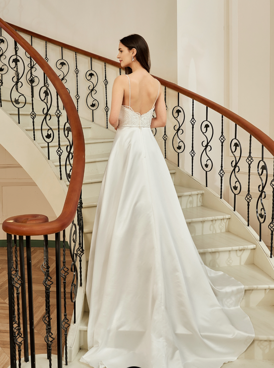 Load image into Gallery viewer, Beaded Deep V-Neckline Satin A-Line Pocket Wedding Dress
