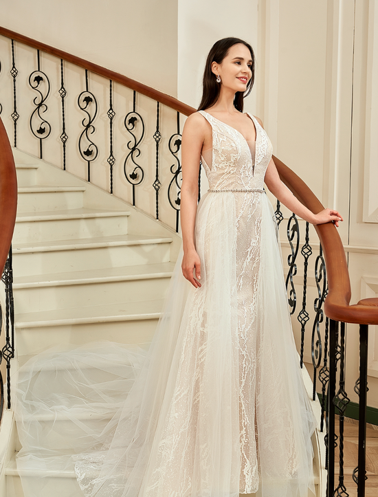Plunging V Neckline Trumpet Wedding Dress With Detachable