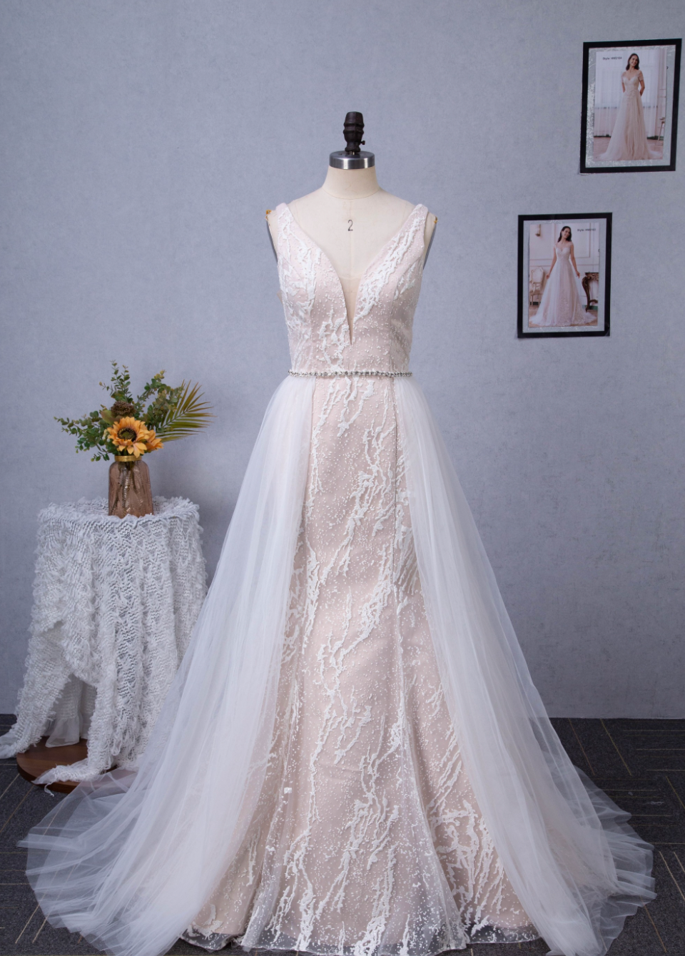 Plunging V-Neckline Trumpet Wedding Dress With Detachable Overskirt