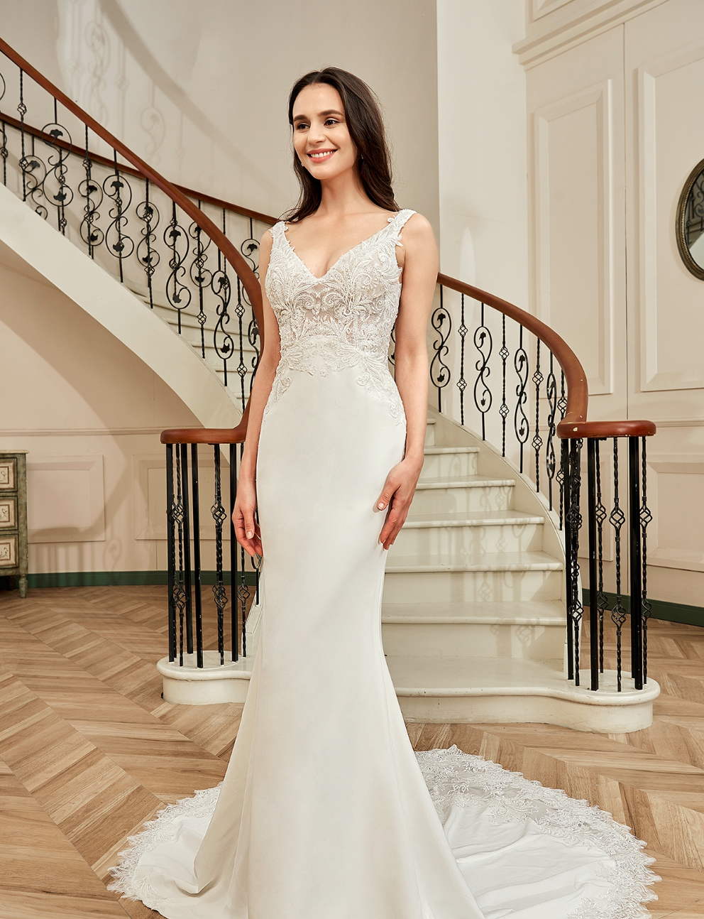 Motifs Crepe Sheath Shaped Court Lace Train Wedding Dress