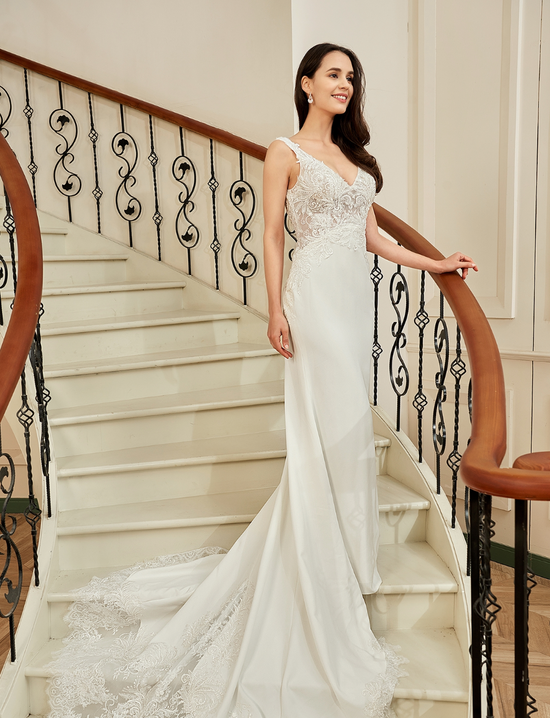 Motifs Crepe Sheath Shaped Court Lace Train Wedding Dress