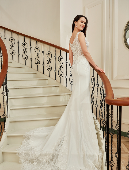Motifs Crepe Sheath Shaped Court Lace Train Wedding Dress