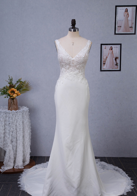 Load image into Gallery viewer, Motifs Crepe Sheath Shaped Court Lace Train Wedding Dress
