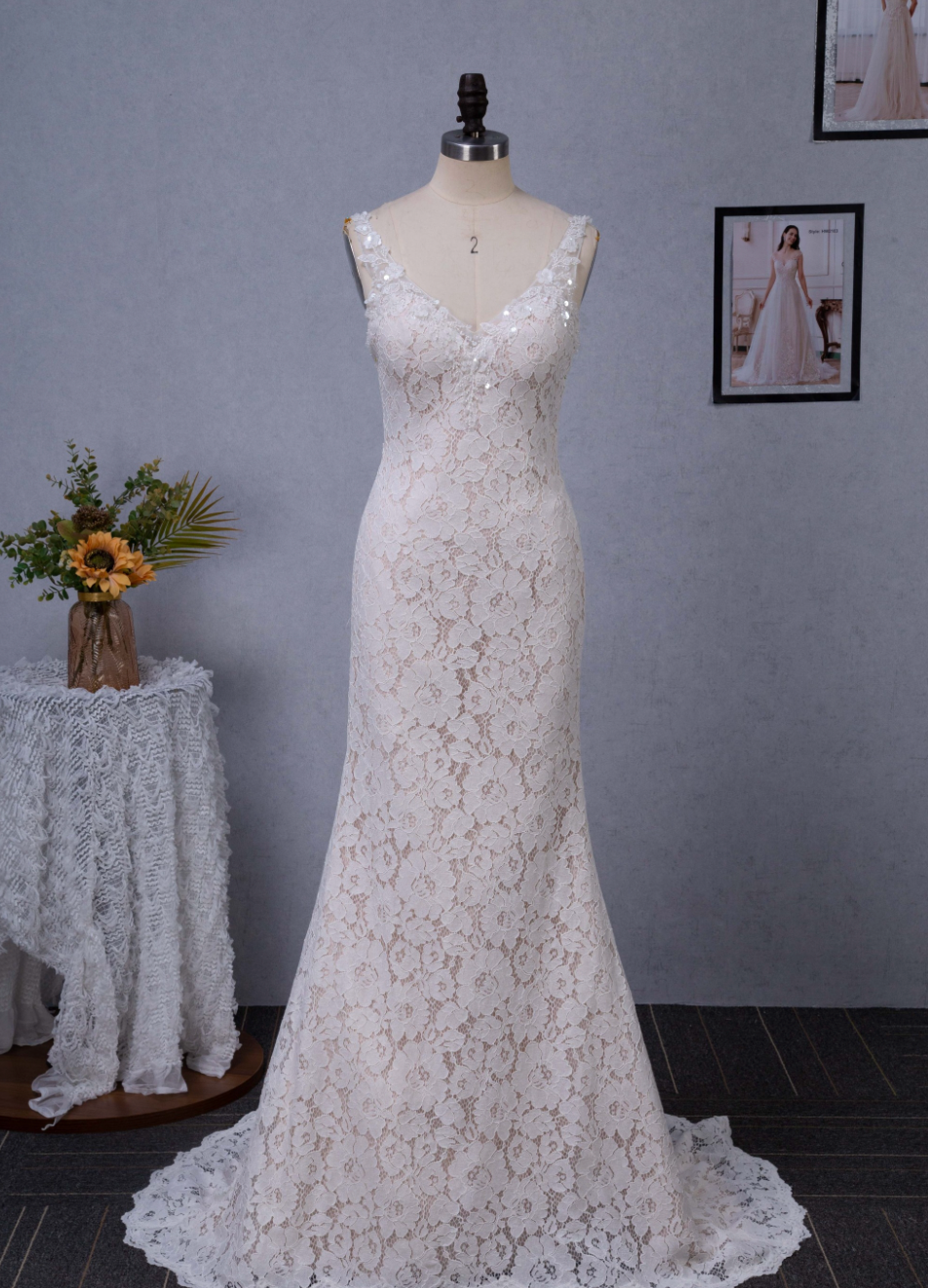Fit and Flare V-Neck Chapel Train Allover Lace Wedding Dress