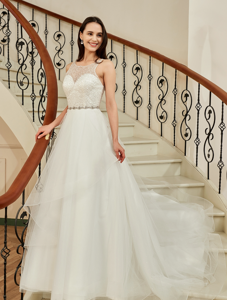 
                      
                        Shining Beaded Bodice Keyhole Back Ruffle Tulle Skirt Ball Gown
                      
                    