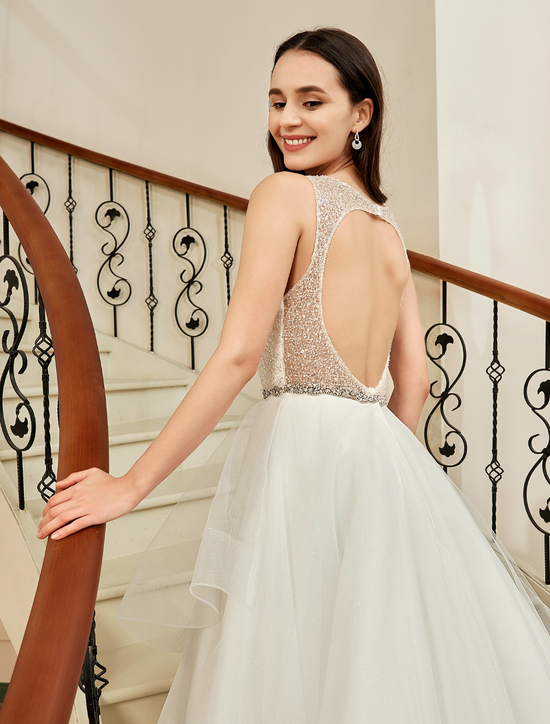 Shining Beaded Bodice Keyhole Back Ruffle Tulle Skirt Ball Gown