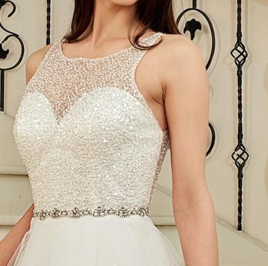 Shining Beaded Bodice Keyhole Back Ruffle Tulle Skirt Ball Gown