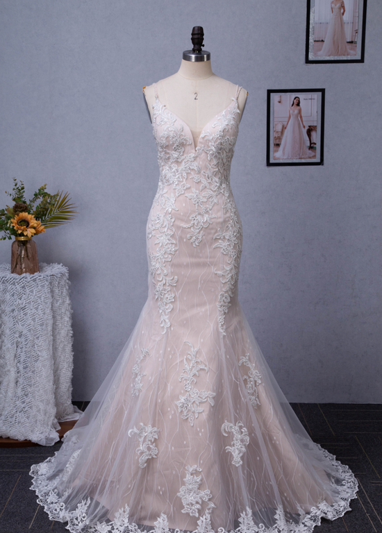 Pink Nude Fit And Flare With Beaded Straps Floral Lace Wedding Dress