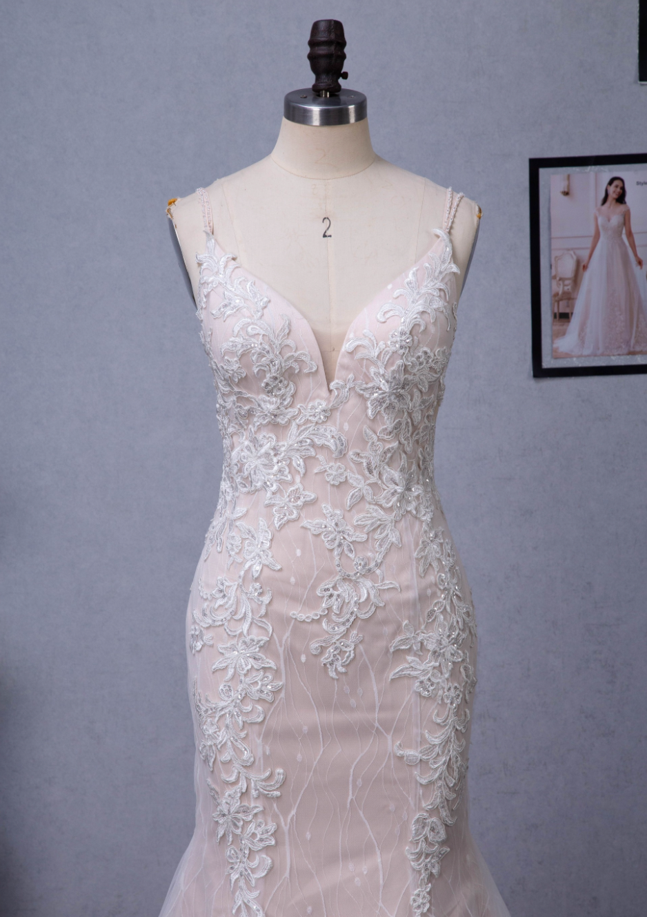 Pink Nude Fit And Flare With Beaded Straps Floral Lace Wedding Dress