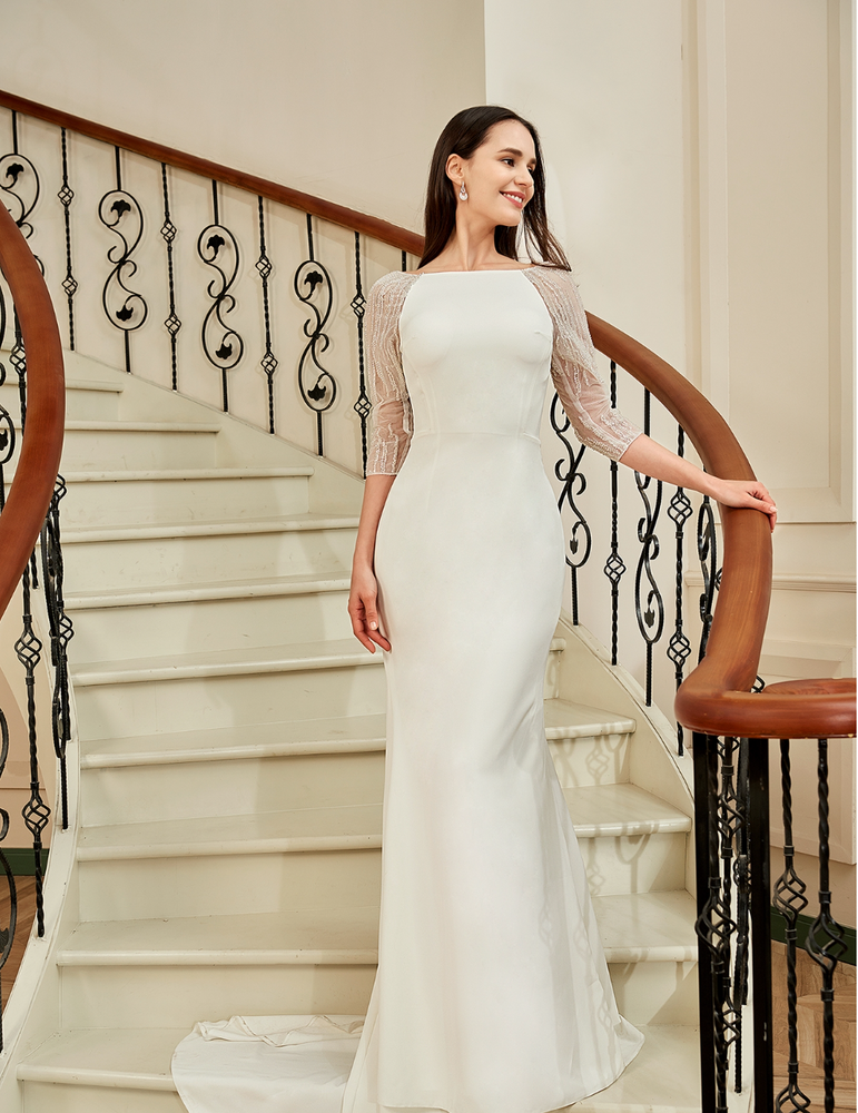 
                      
                        Bateau Neckline Long Train Crepe Bridal Gown With Beaded Illusion Back
                      
                    