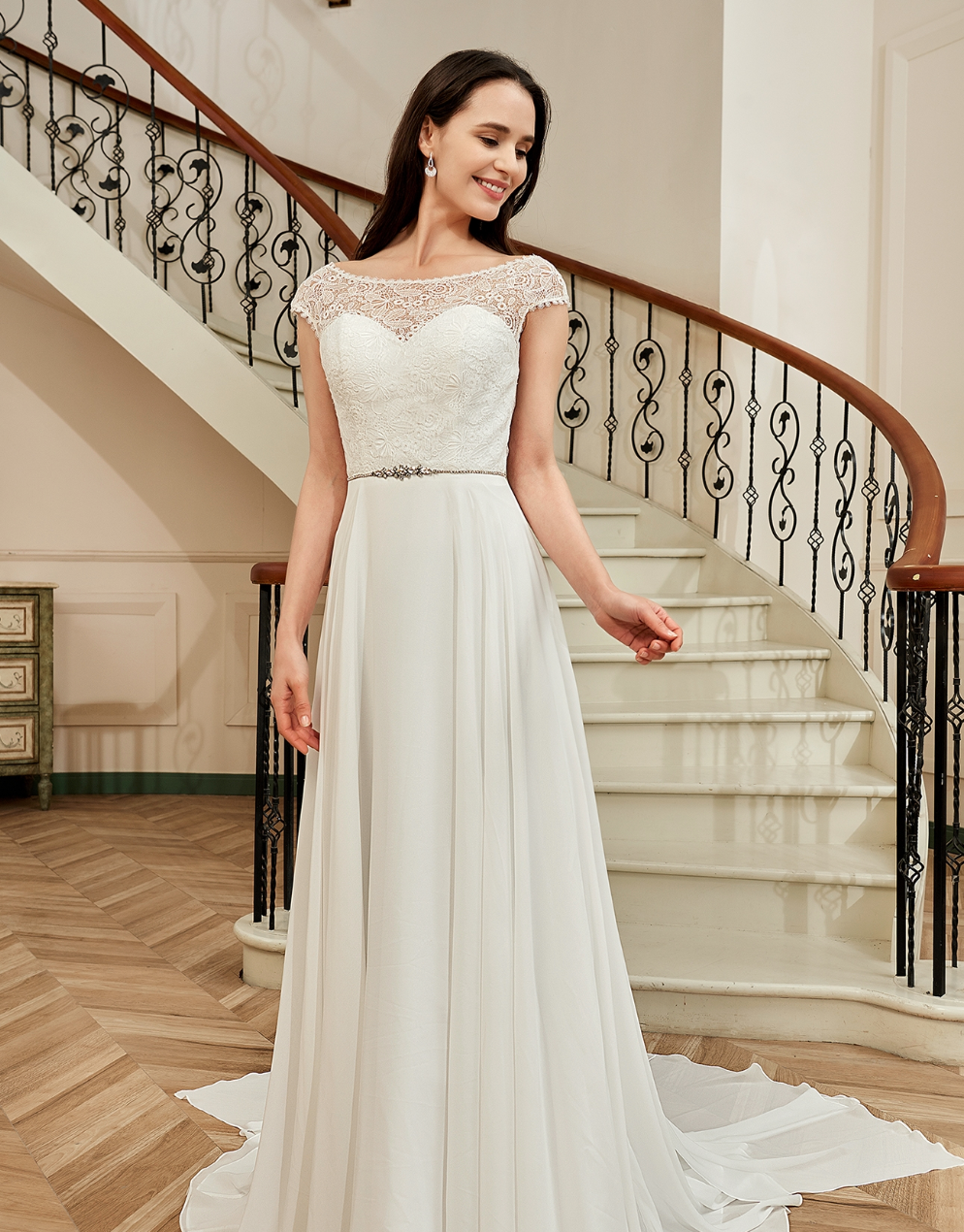 Cap Sleeve Chiffon A-Line Wedding Dress With Detachable Train