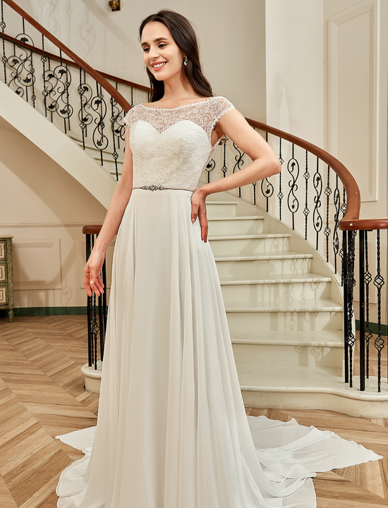 Cap Sleeve Chiffon A Line Wedding Dress With Detachable Train