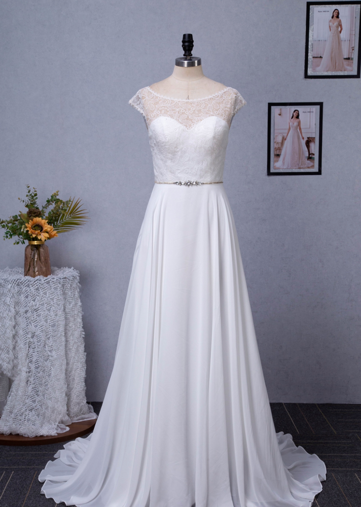 
                      
                        Cap Sleeve Chiffon A-Line Wedding Dress With Detachable Train
                      
                    