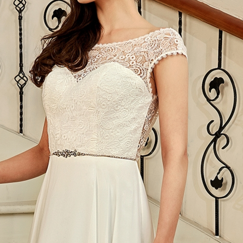 
                      
                        Cap Sleeve Chiffon A-Line Wedding Dress With Detachable Train
                      
                    