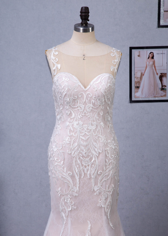 Load image into Gallery viewer, Blush Illusion Neckline Lace Mermaid Wedding Dress
