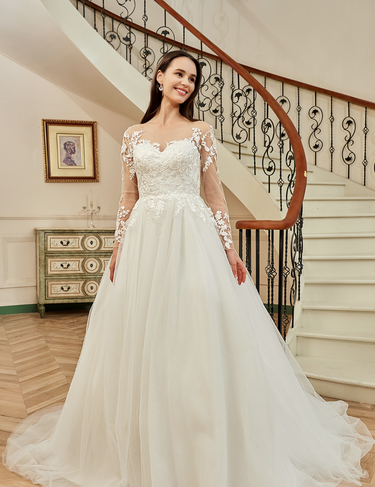 
                      
                        Illusion Long Sleeve Chapel Train Lace Wedding Dress
                      
                    