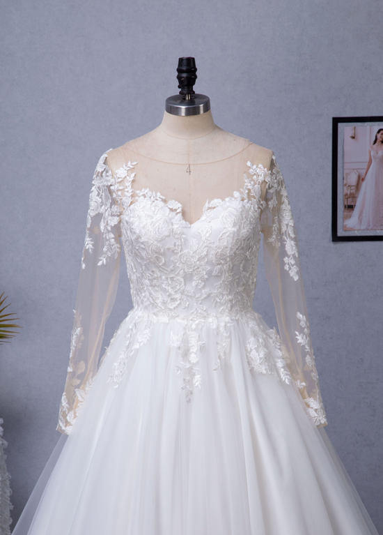 Load image into Gallery viewer, Illusion Long Sleeve Chapel Train Lace Wedding Dress
