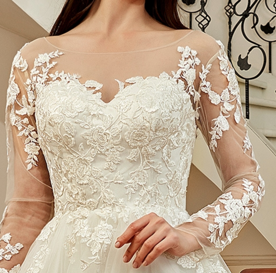 Illusion Long Sleeve Lace Wedding Dress Chapel Train TulleLux