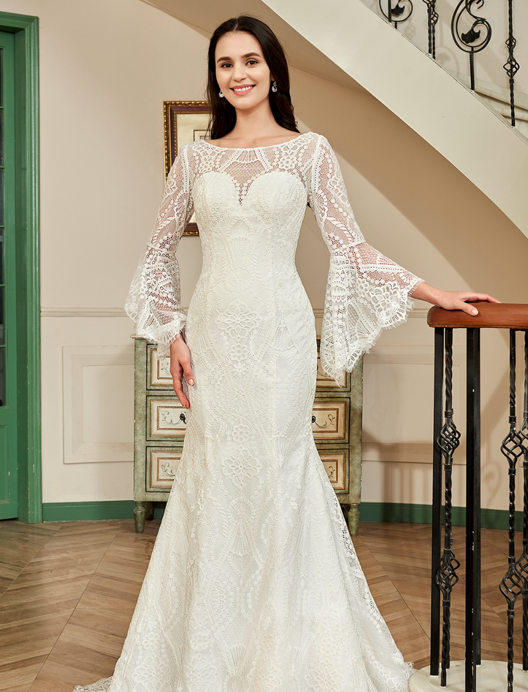 
                      
                        Illusion Neckline Lace Wedding Dress With Removeable Overskirt
                      
                    