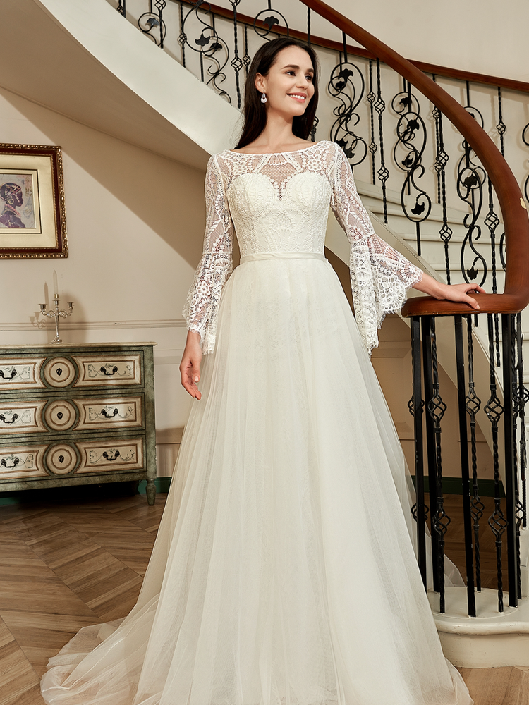 
                      
                        Illusion Neckline Lace Wedding Dress With Removeable Overskirt
                      
                    