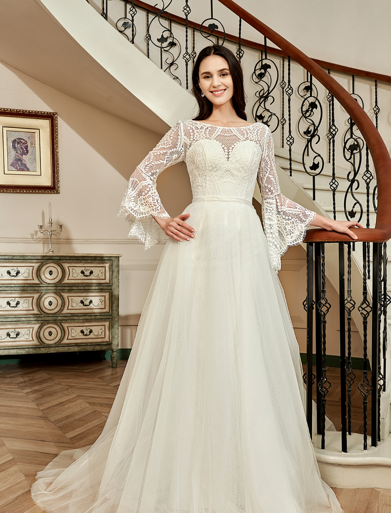 
                      
                        Illusion Neckline Lace Wedding Dress With Removeable Overskirt
                      
                    