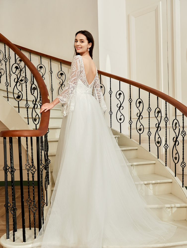 
                      
                        Illusion Neckline Lace Wedding Dress With Removeable Overskirt
                      
                    