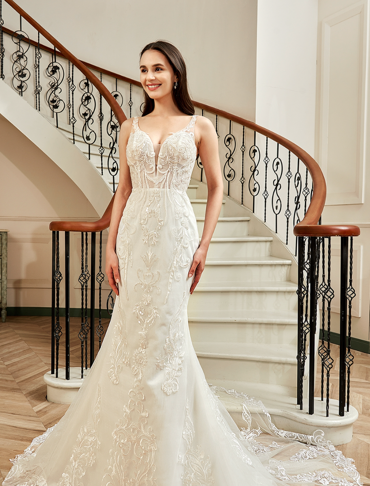 
                      
                        Sequin Beaded Illusion Back Wedding Dress With Long Lace Tulle Train
                      
                    