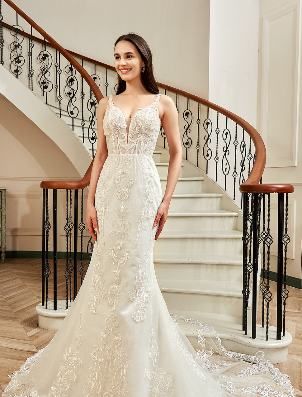 Sequin Beaded Illusion Back Wedding Dress With Long Lace Tulle Train