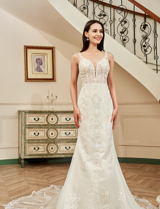 Sequin Beaded Illusion Back Wedding Dress With Long Lace Tulle Train