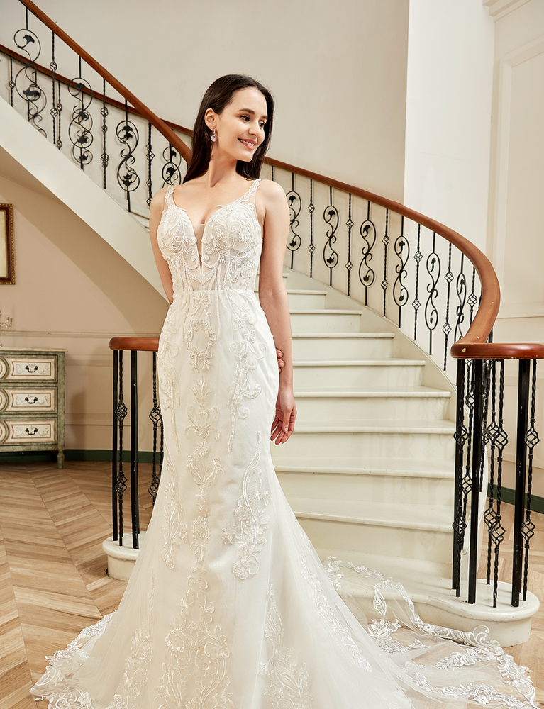 
                      
                        Sequin Beaded Illusion Back Wedding Dress With Long Lace Tulle Train
                      
                    