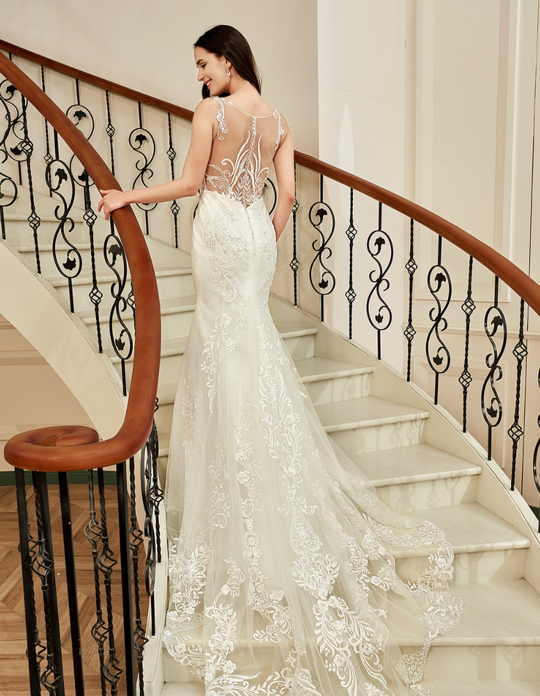 
                      
                        Sequin Beaded Illusion Back Wedding Dress With Long Lace Tulle Train
                      
                    