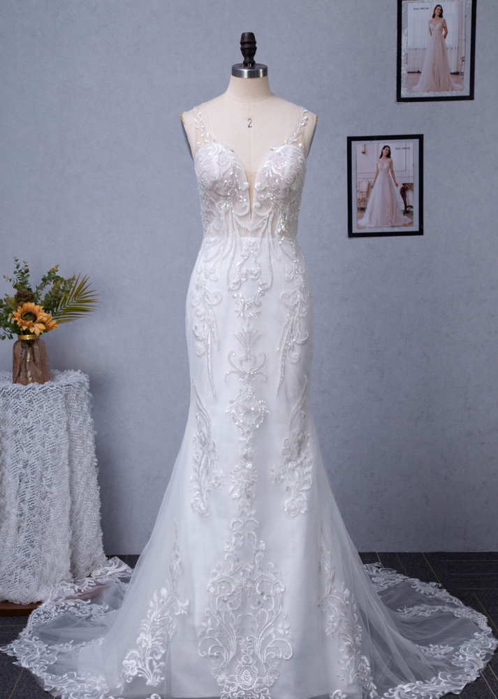 
                      
                        Sequin Beaded Illusion Back Wedding Dress With Long Lace Tulle Train
                      
                    