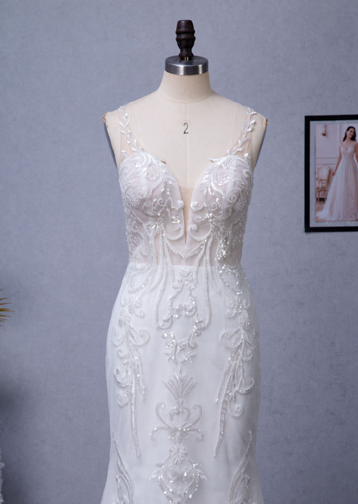 
                      
                        Sequin Beaded Illusion Back Wedding Dress With Long Lace Tulle Train
                      
                    