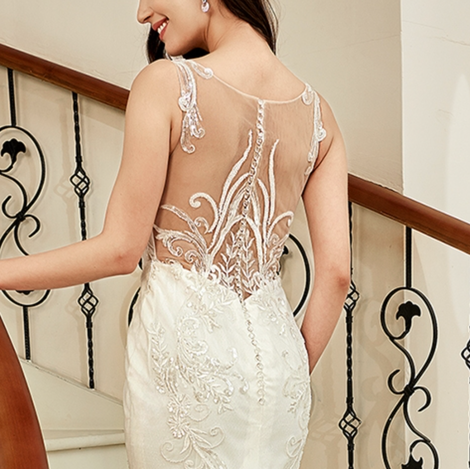 
                      
                        Sequin Beaded Illusion Back Wedding Dress With Long Lace Tulle Train
                      
                    