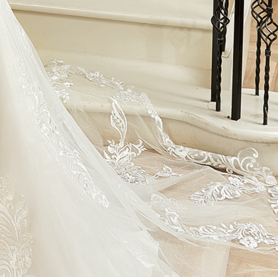 
                      
                        Sequin Beaded Illusion Back Wedding Dress With Long Lace Tulle Train
                      
                    